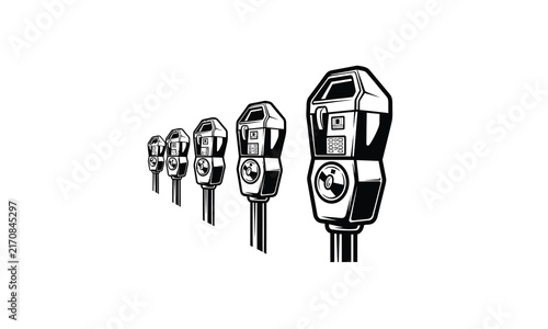 Five parking meters standing in a line vector illustration