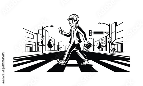 Man walking on zebra crossing while using smartphone
