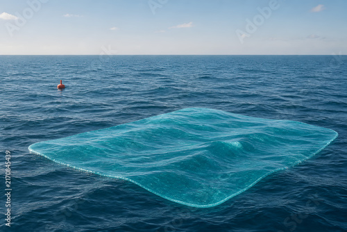 Surreal scene of a floating wave-like surface in the ocean with a buoy in the background for climate research and marine technology concept