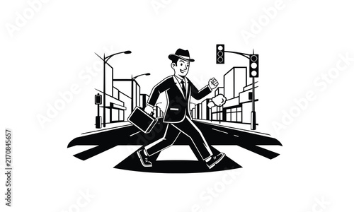 Businessman with briefcase walking across city street crossing