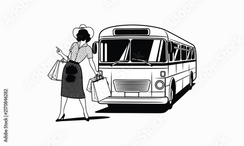Retro woman with shopping bags waiting for a bus
