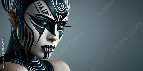 Close-up portrait of a woman with intricate black and white geometric face paint and sculptural headwear against a dark blue background Theme of futuristic artistry