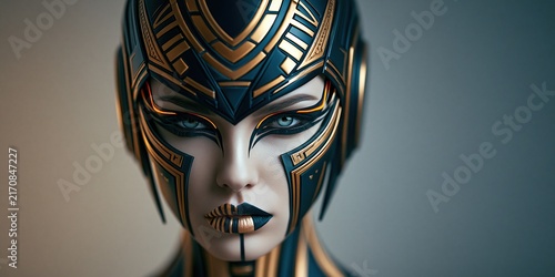 Frontal portrait of a woman in an ornate gold and black geometric helmet with metallic face makeup against a muted background Theme of futuristic power
