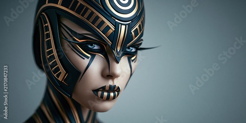 Three-quarter portrait of a woman wearing an elaborate gold and black geometric headpiece with dramatic eye makeup against a dark blue background Atmosphere of futuristic mysticism