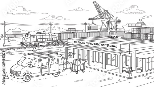 Industrial port scene with van and crane white background.