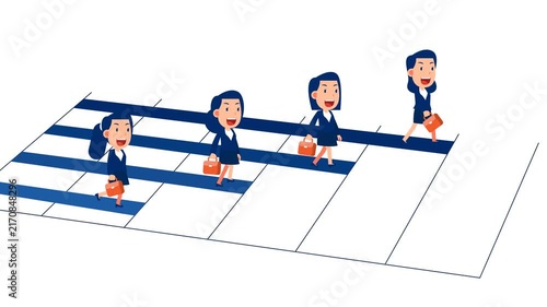 Animated businesswoman walking on the graph bar, Growth and teamwork concept