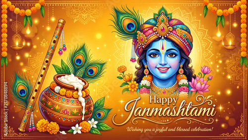 Happy janmashtami greeting card featuring lord krishna, a flute, a pot of butter dahi handi, and peacock feathers, with festive decorations and warm lighting