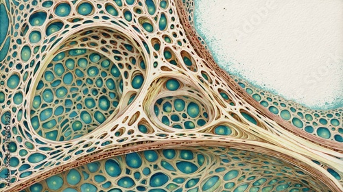 Intricate watercolor illustration of organic bone structure. Abstract biological tissue pattern with blue cells on textured white background