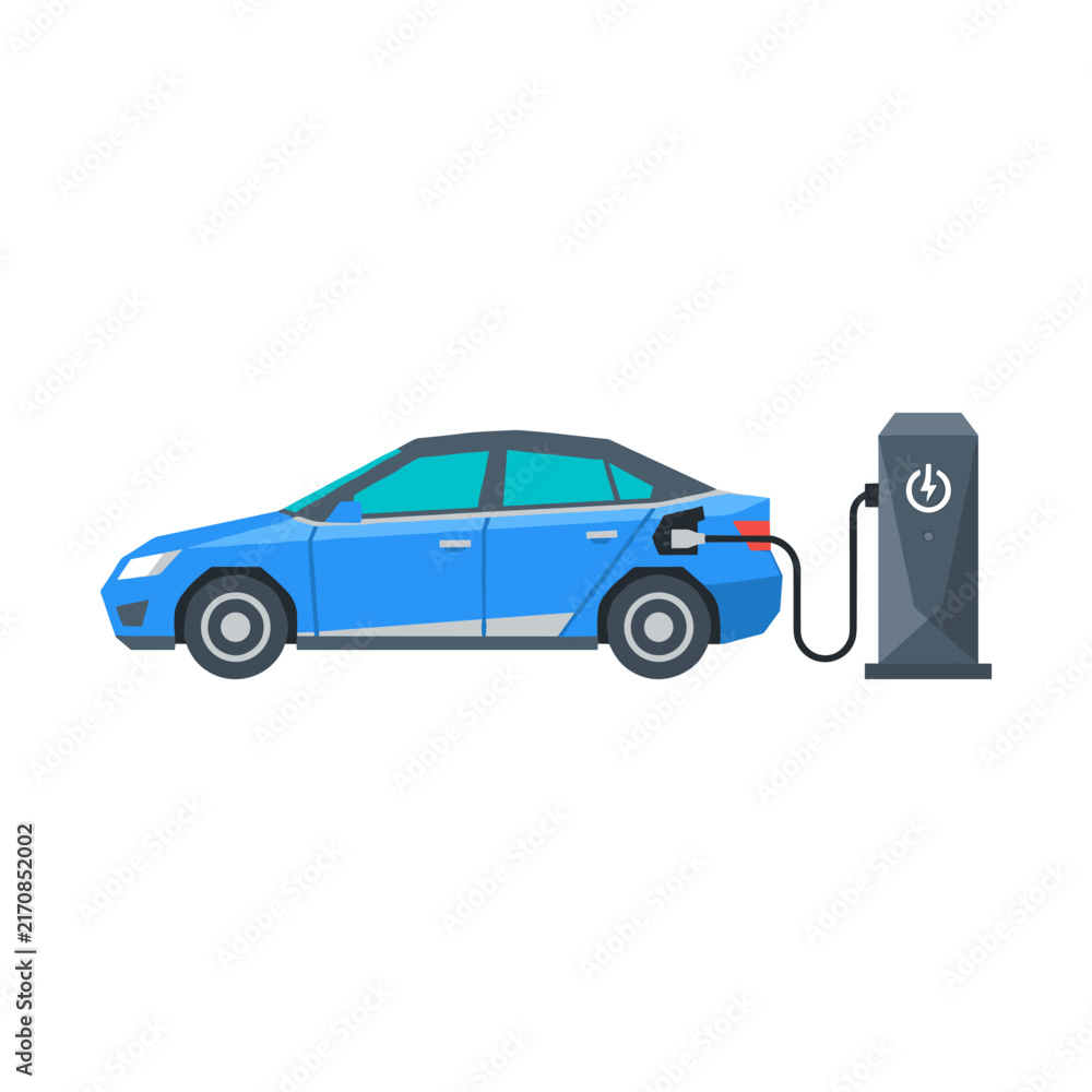 Naklejka premium A blue sedan is connected to a charging post with a power symbol. The image depicts modern electric vehicle infrastructure.