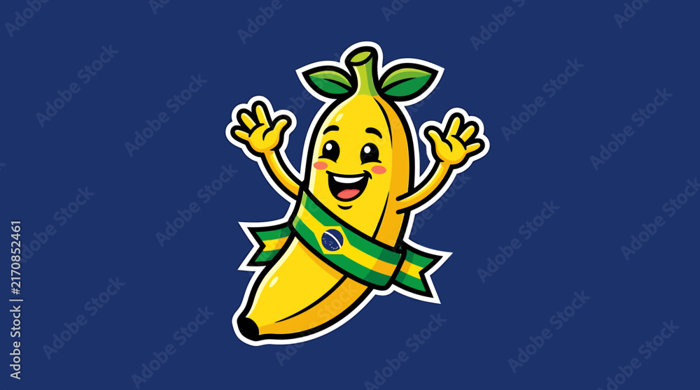 Obraz premium Cartoon Banana Character Waving Happy Expression.