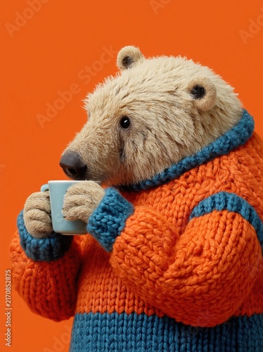 Anthropomorphic polar bear in a cozy orange and blue knitted sweater holding a blue mug. Whimsical winter animal portrait on a solid orange background