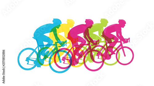 Abstract colorful illustration of a group of cyclists racing isolated on white background