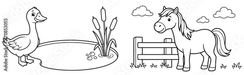 Fotografie Black and white coloring page featuring a cute duck by a pond and a pony by a fe