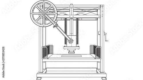 Industrial press machine technical drawing white background.
