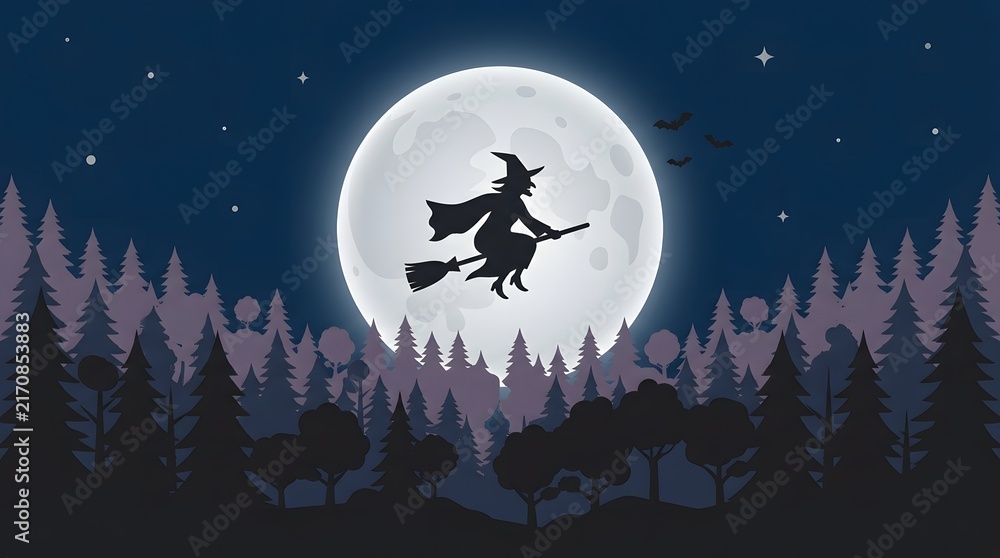Fototapeta premium A silhouetted witch soars across the full moon on a broomstick in a spooky halloween night scene