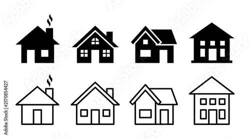 Collection of house icons featuring various architectural styles in solid black and outline versions for real estate and property design