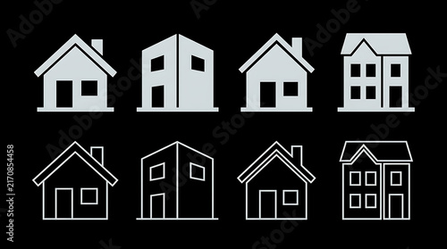 Set of various house icons in solid and outline style, representing different architectural building types for real estate and construction design