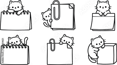 Black and white cats interacting with blank notebooks, memo sheets, and paperclips in playful line art stationery illustrations