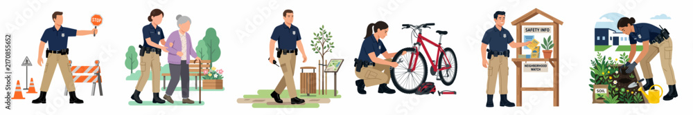 Obraz premium Vector Illustration Collection of Community Police Officers Engaging in Diverse Public Service Tasks such as Traffic Control, Patrolling, and Assisting Local Citizens