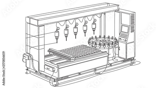 Industrial printing machine line art white background.