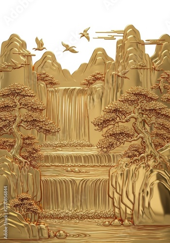 Golden 3D rendering of a traditional Chinese landscape with mountains and waterfalls. Vertical oriental bas-relief art for luxury interior design and decor