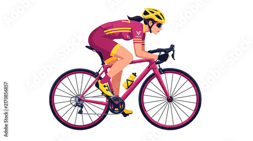 Female cyclist in maroon and yellow kit riding a road bike, side view, isolated on white background
