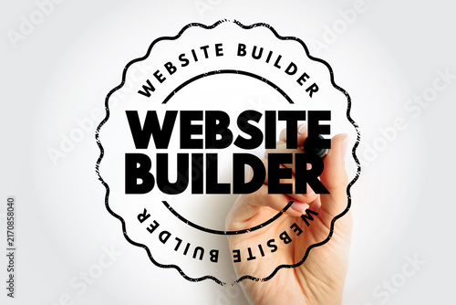 Website Builder stamp with hand writing marker, circular emblem reflecting site creation, development tools and digital construction concept in a simple layout