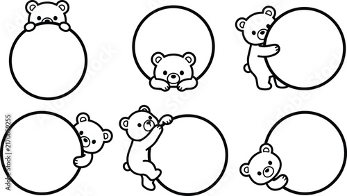 Cute koala bear characters peeking around blank circular frames in black and white line art vector set