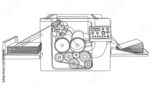 Industrial printing press machine white background.