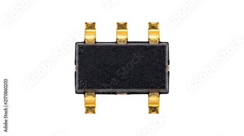Small black electronic surface-mount device on transparent background with six golden pins, a crucial semiconductor component for modern circuit boards and advanced technology integration