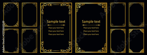 Bild auf Leinwand Luxury Gold Vintage Frames Set on Black Background, Golden Rectangular Ornamenta