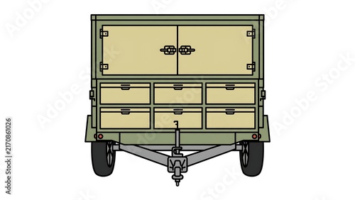 Military utility trailer on white background.