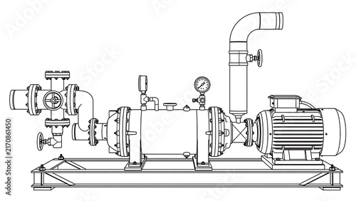 Industrial pump system diagram white background.