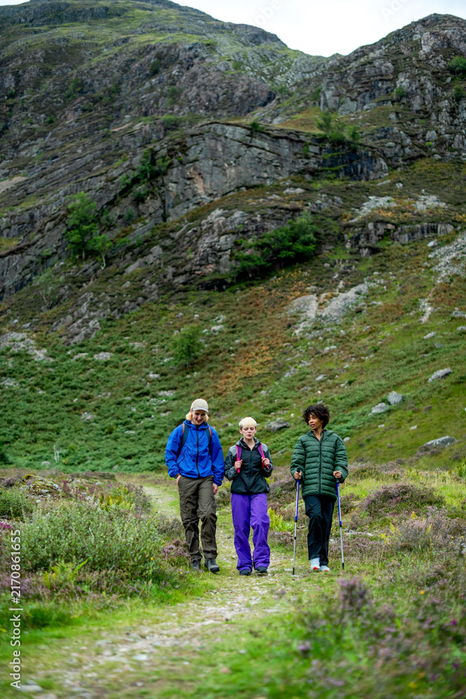 Fototapeta premium Hikers exploring scenic mountain trail.