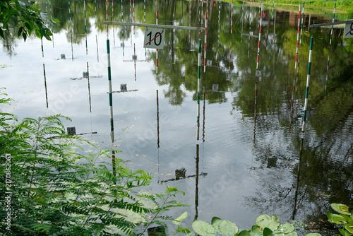 Water slalom gates on river for kayak and canoe training