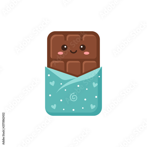 Cute Kawaii Chocolate Bar in Blue Gift Wrapper Illustration