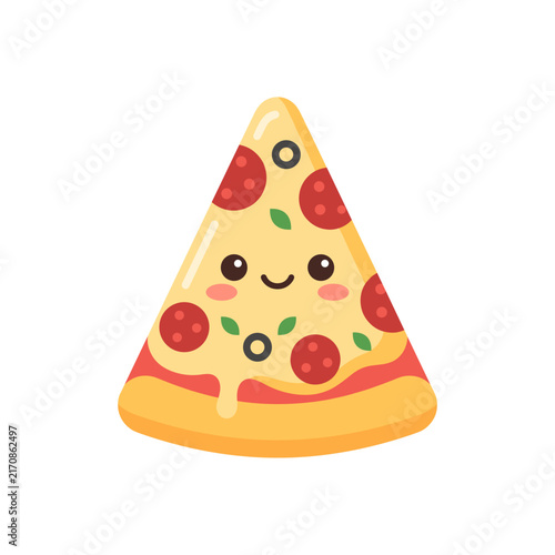 Cute Kawaii Pizza Slice with Smiling Face Isolated on White Background