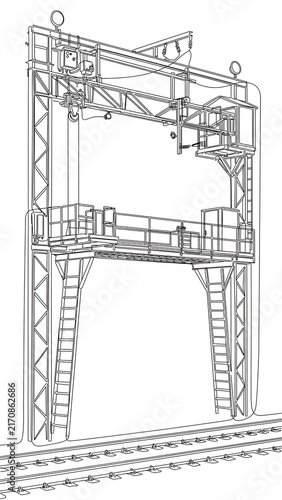 Industrial railway signal tower white background.