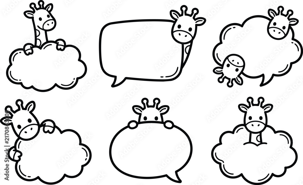 Obraz premium Cute giraffe speech bubbles in varied cloud shapes, black line art vector collection
