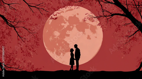 Valentine's Day, a couple's silhouette against a full moon