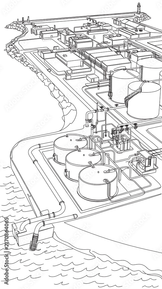 Fototapeta premium Industrial refinery complex illustration white background.