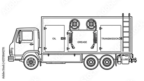 Industrial truck with grease and transmission parts white background.