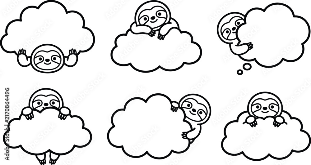 Obraz premium Cute sloths peeking from fluffy clouds in playful black and white line art