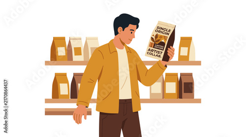Male customer selecting premium single origin coffee bag from store shelf in modern flat vector illustration style