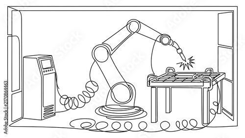 Industrial robot arm assembling parts white background.