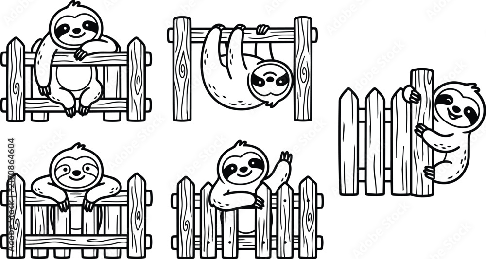 Obraz premium Cute sloths climbing and hanging on wooden fences in black and white line art