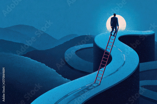 Taking a shortcut concept. A businessman in a suit climbing a ladder to shortcut a winding road leading 
