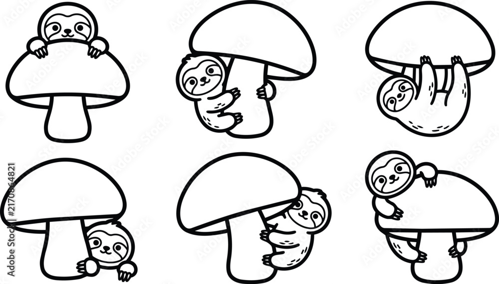 Obraz premium Black and white sloths hiding, climbing, and hanging beneath mushrooms in playful line art collection