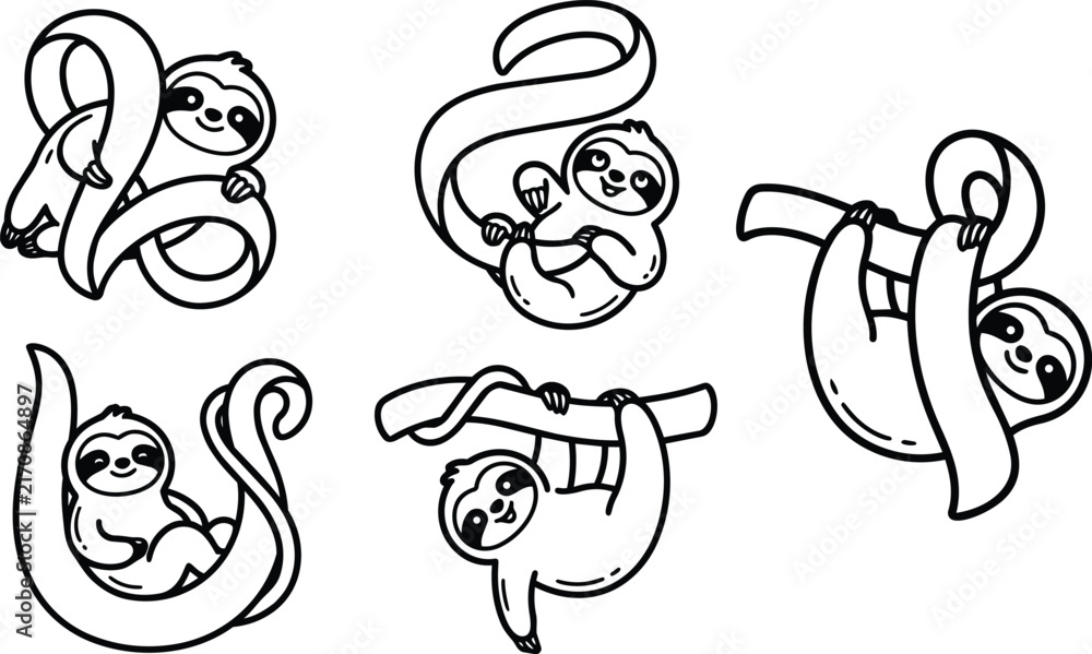 Obraz premium Cute sloths hanging and climbing in playful black and white line art collection