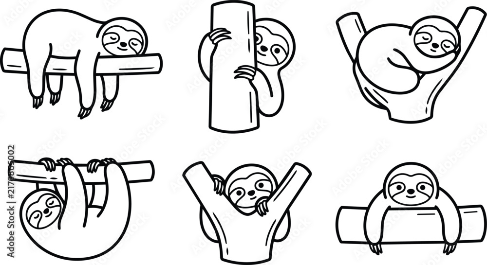 Obraz premium Six cute sloths hanging from tree branches in playful black and white line art